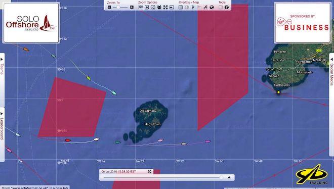 YB Tracker at 1530 today, showing three Sunfast 3600s – Bellino, Bam and GameOn - ahead of the leading Class 2 entry, Louis-Marie Duster’s French JPK10.10 Raging Bee - SORC Solo Round the Rock Race &copy; Charles Emmett